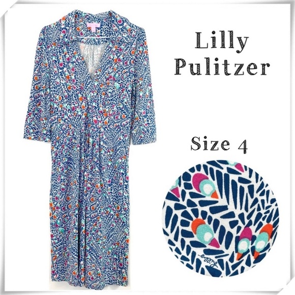LILLY Pulitzer Feather Monogram Print Silk Stretch Flare Dress Teal Blue Size 4 - Picture 1 of 8